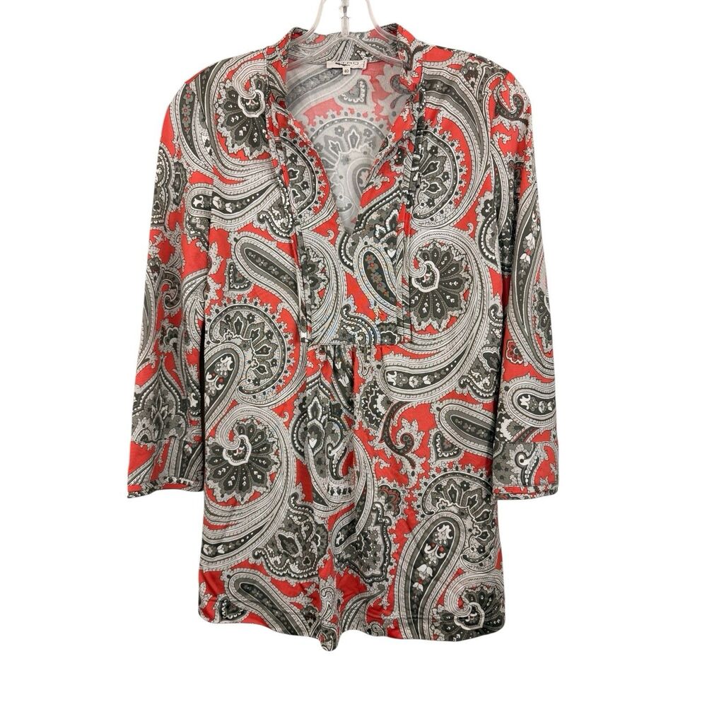 Etro Milano Tunic Top Sz 40 Medium Italy 3/4 Sleeves Gray Orange Viscose Paisley
